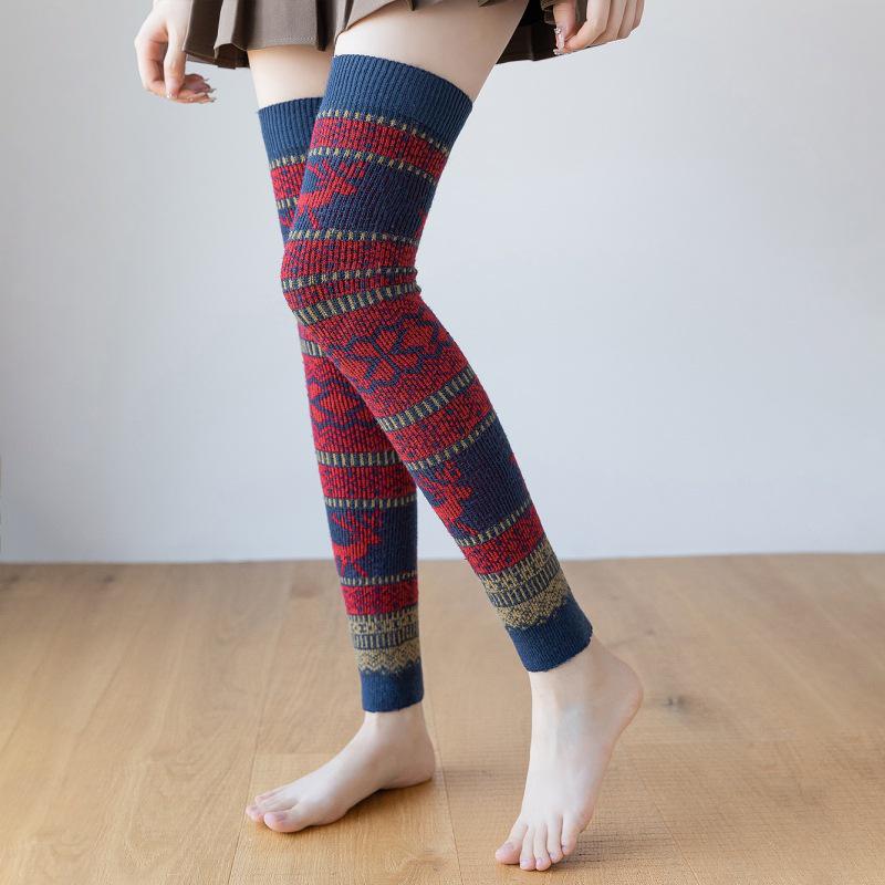 Женские теплые носки выше колена из кроличьей шерсти с рождественским оленем - Толстые леггинсы осень/зима