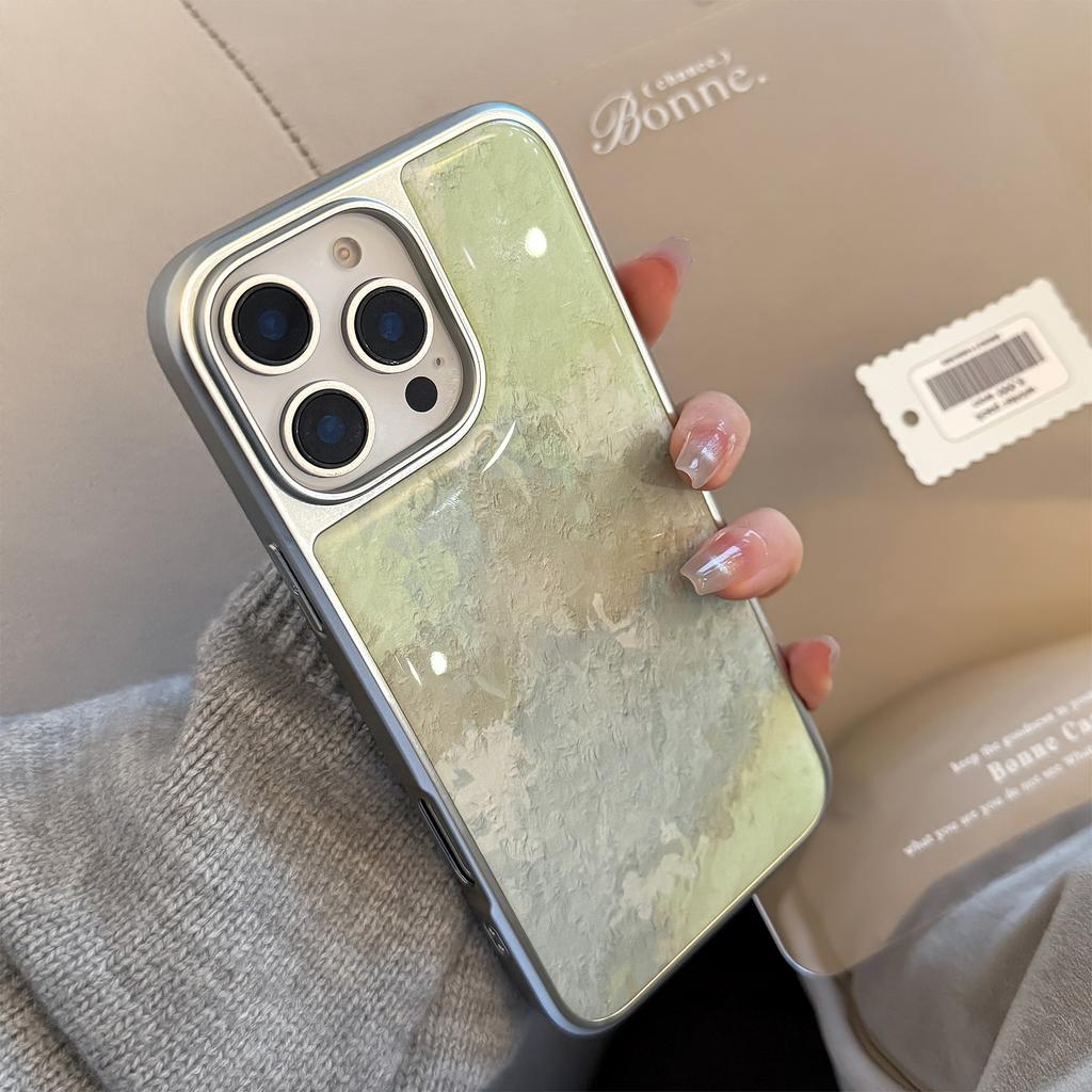 Весенний Свежий Зеленый Смешанный Масляная Живопись Текстура Размытие Серебряный Край Защитный Чехол для iPhone 11 12 13 14 15 16 17 Pro Max Plus XR