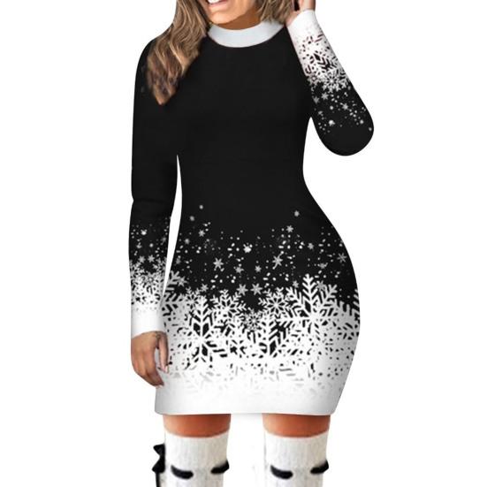 2024 Women Fall Winter Dress Snowflake Print Gradient Color Matching Slim Fit Sheath Thick Warm Long Sleeve Round Neck Lady New Year Party Mini Dress