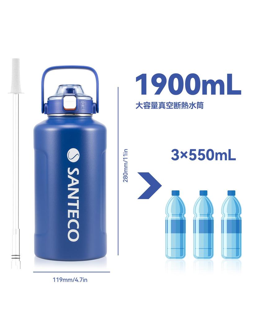 Водяной пылесос SANTECO Large поставляется с прямой совместимостью со спортивной широкой нержавеющей синей бутылкой ERIE, изолированной, вместимостью, термосом, холод/тепло