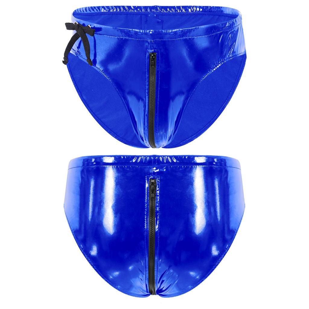 Mens Low Waist Zipper Briefs Wet Look Patent Leather Underwear Club Stage Show Costume