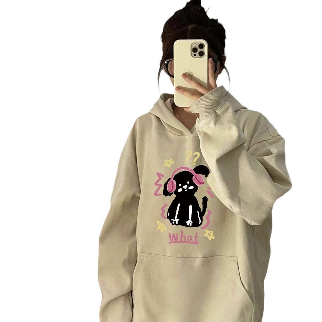 300KW cotton composite sweater for women, autumn new loose medium and long cartoon kitten print top trendy