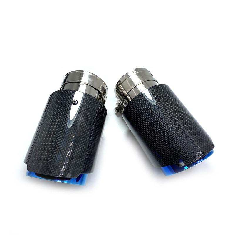 1PCS Car Exhaust Tail Pipe Glossy Carbon Tail End Blue Stainless Steel Straight Muffler Tip Flange With REM For Bmw F30