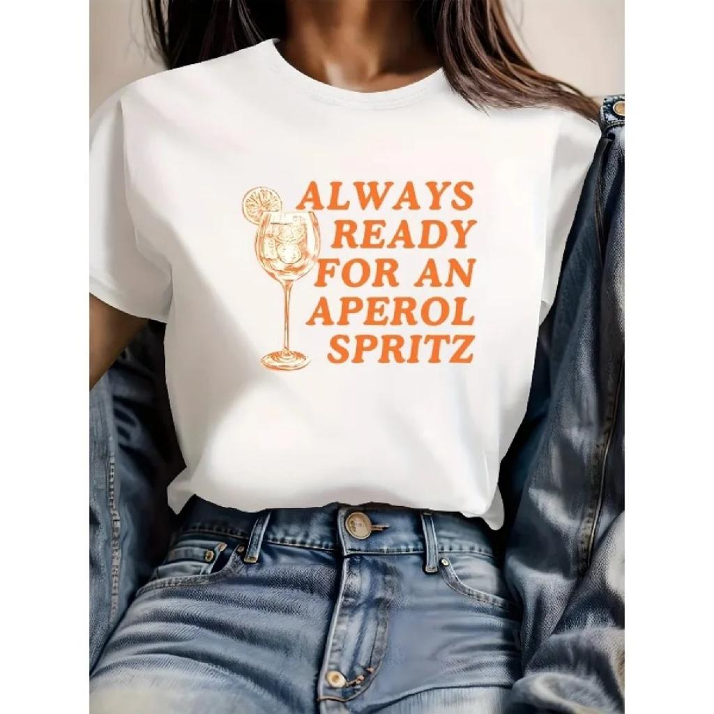 Футболка и идеальный принт Весна_Лето Повседневная одежда Мода Узор Aperol Spritz Женский Свободный Круглый вырез Повседневный Топ