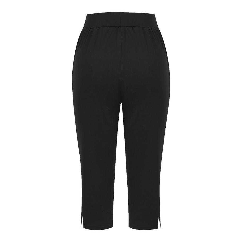 Women Elastic High Waist 3/4 Pant Casual Active Fit Wide Capris Leg Pants Trousers With Pockets