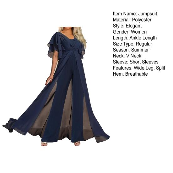 Женский комбинезон с V-образным вырезом и короткими рукавами, платье с разрезом, подол, широкие брючины, рюши, высокая талия, лоскутное платье, сплошной цвет, прозрачная молния сзади, женский комбинезон для выпускного вечера