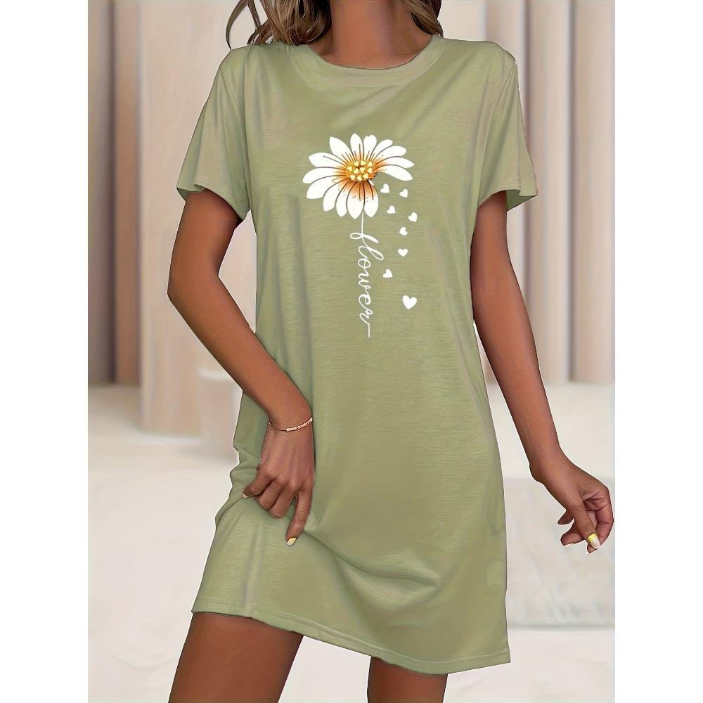 Women's Taupe Daisy Print Nightdress with Round Neck, Short Sleeves, Loose r