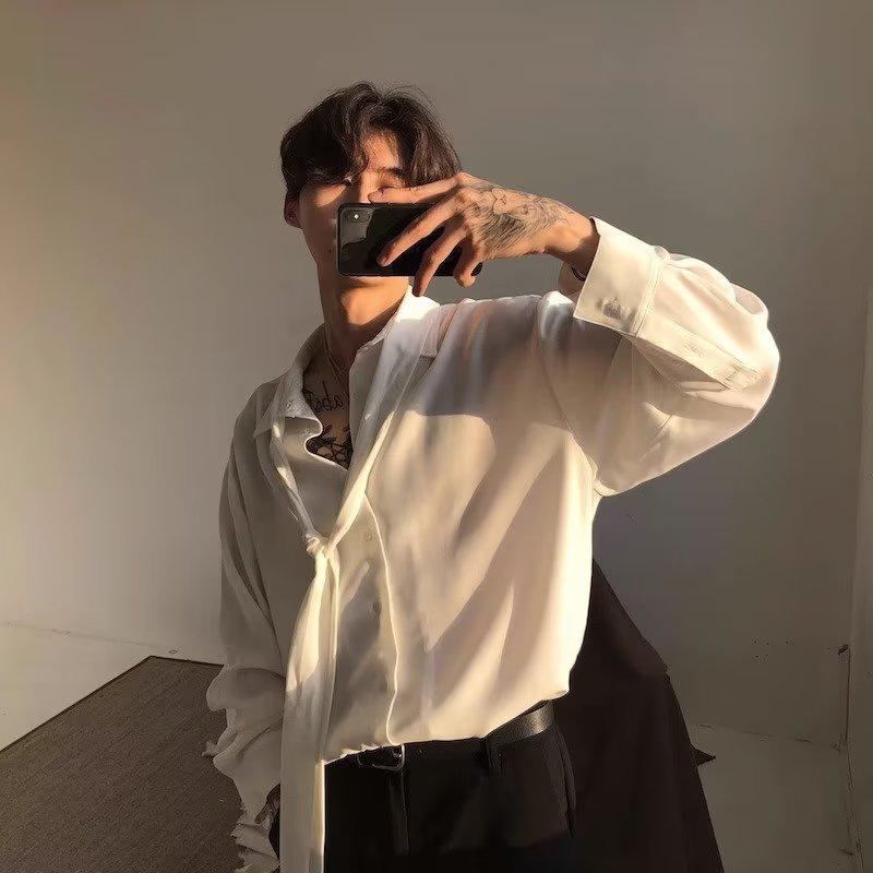 Мужская рубашка с длинным рукавом и галстуком-бабочкой в корейском стиле - Повседневный свободный крой, однотонная, коллекция весна-осень