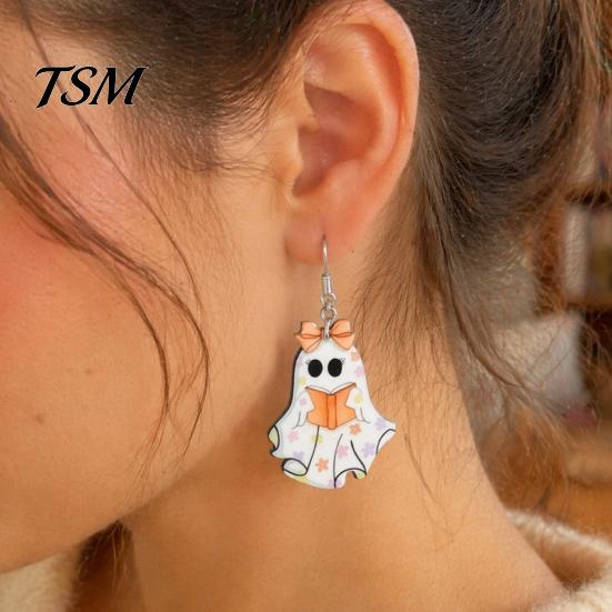 Hypoallergenic Alloy Hooks Cute Reading Ghost Earrings, Sweet Bowknot Drop Whimsical Earrings Lightweight Acrylic Halloween Jewelry for Women Girls