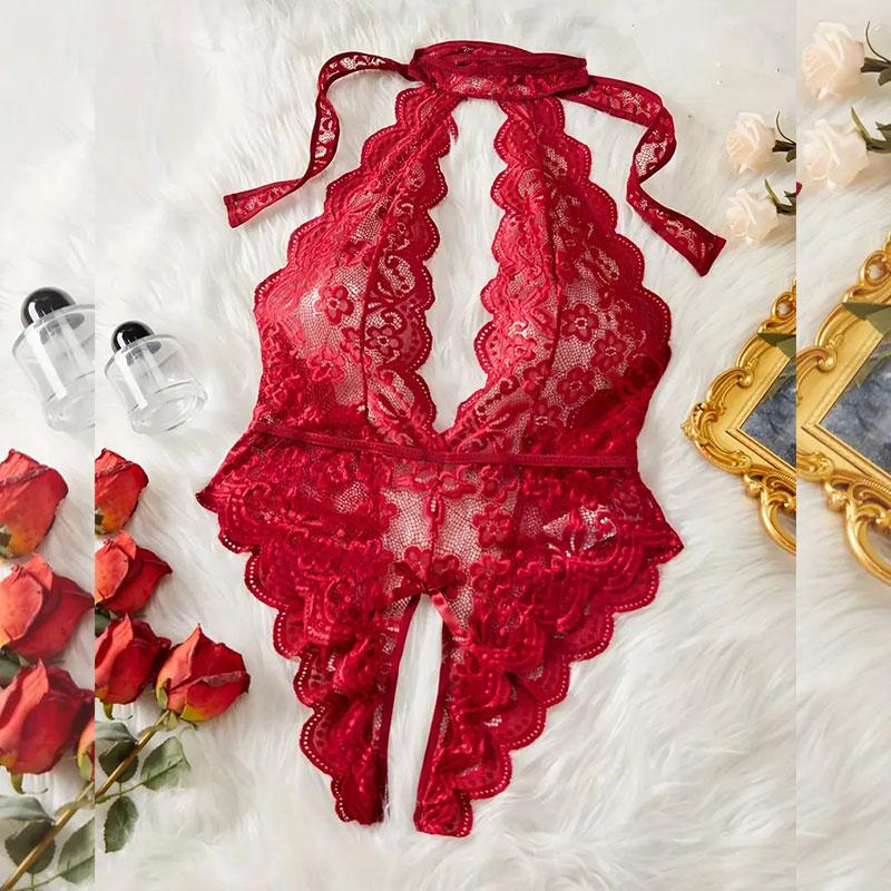 Sleeveless Lace Hollow Bra Set Transparent Sexy Crotchless Lingerie Erotic Costumes Deep V Open Bra Woman Sexy Underwear Set