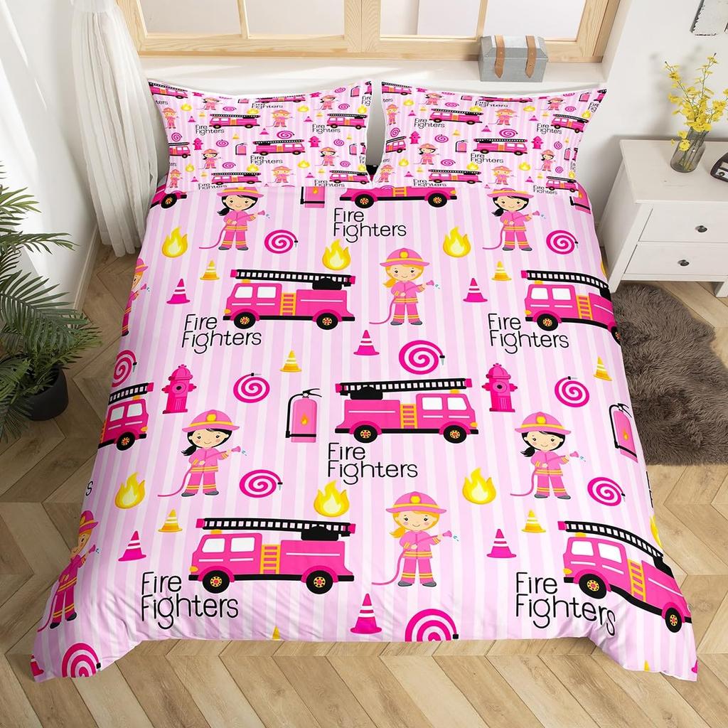 Fire Truck Bedding SetBurning Flames Duvet Cover for Kids Fire Engine Comforter Cover Red Truck Quilt Cover with 2 Pillowcases