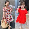 Girls' Short Sleeved Princess Dress Summer Thin Kids Dress Square Neck Red Dress Round Neck Floral Print Dress