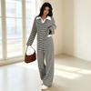 Женский повседневный комплект: топ в полоску с воротником, длинный рукав, и прямые широкие брюки