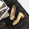 Bow Ballet Single Shoes Retro Middle Heel Thick Heel Pig Nose Shoes Square Head Ballet Shoes Women's Shallow Mouth Mary Jane Shoes