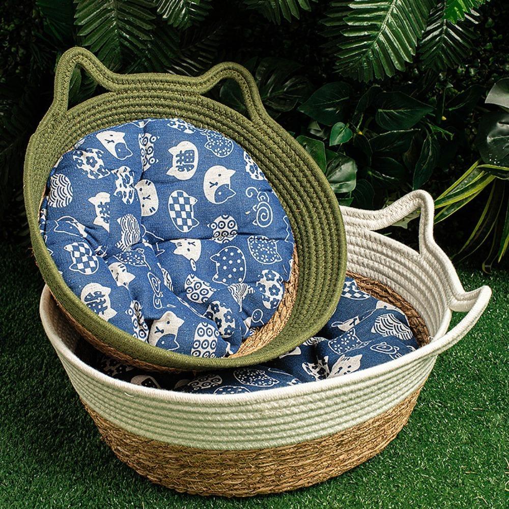 Круглое плетеное вручную кошачье гнездо, плетеное из соломы, кошачьи принадлежности, практичные аксессуары для питомцев