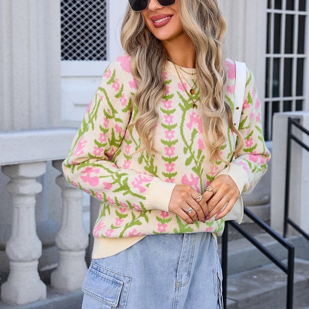 Women's Casual Fashion Comfortable Round Neck Pullover Contrast Color Flower Long Sleeve Street Trend Knitted Sweater