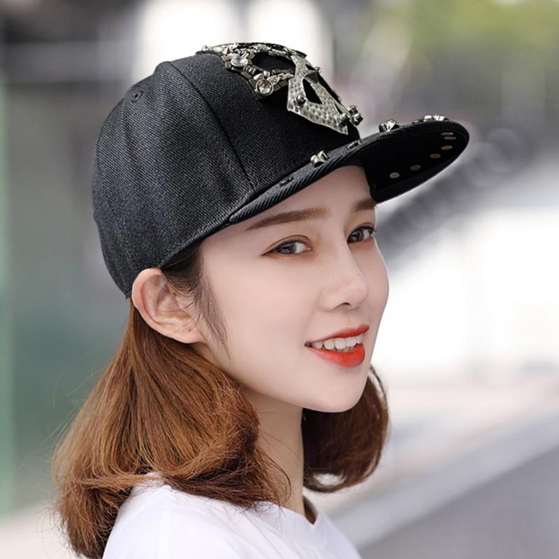 Unisex Punk Skull Baseball Cap With Rhinestone Studs Hip Hop Flat Brim Hat Streetwear Dance