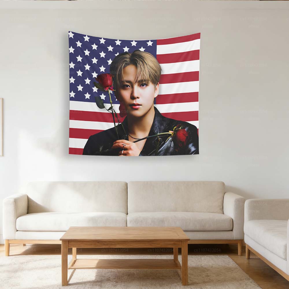 A-Ateez Jongho Kpop American Flag Tapestry, A-Ateez Kpop Merch Decor, Gift Ideas for Atiny