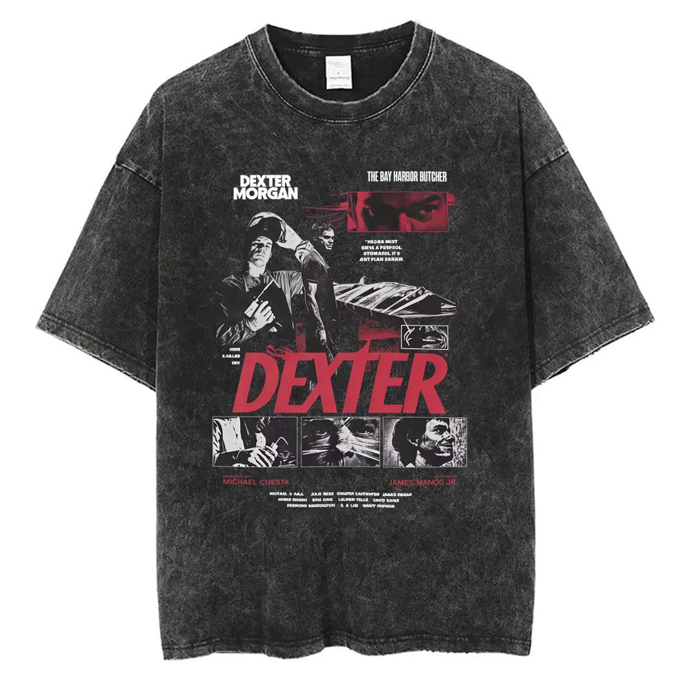 Washed Vintage TV Play Dexter Morgan Face Graphic Tshirt Men Women Casual Cotton Oversized T Shirt Male Classic Gothic Tshirts