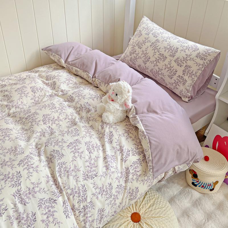 Class A washed cotton printed bed four-piece set small fresh quilt cover bed sheet pillowcase household student dormitory three-piece set a
