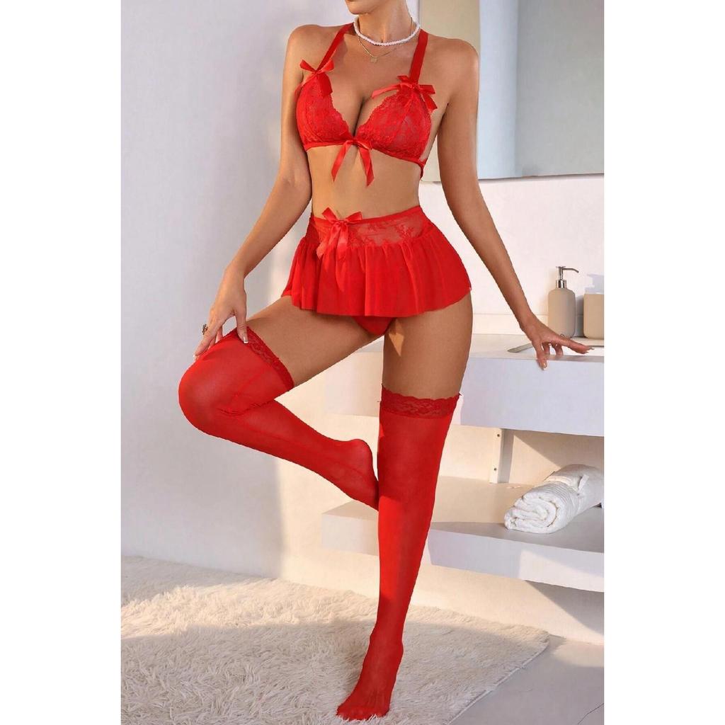 Прозрачный комплект с бюстгальтером и юбкой с кружевными деталями (носки не включены)