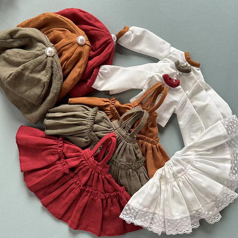 Платье-юбка для куклы ручной работы, берет, шляпа, кукольное ретро-платье, комплект одежды для куклы Blythes Ob22 Ob24, аксессуары для куклы Blyth