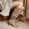 Flock Autumn Winter Shoes Pleated Decoration Women Knee Boots