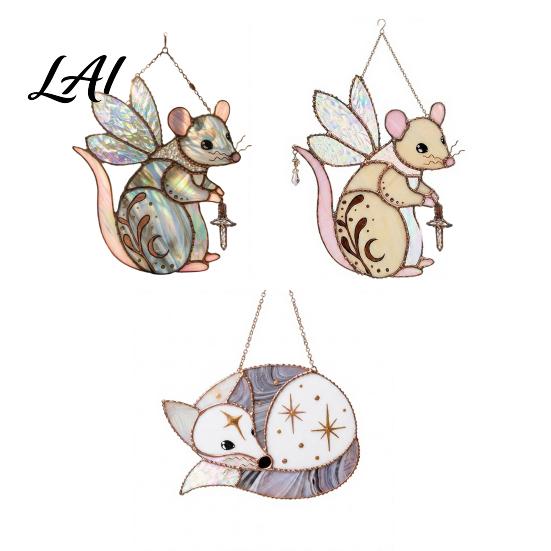 Animal Light Catcher Fairy Mouse Suncatcher Stained Glass Style Acrylic Window Hanging Ornament Woodland Fantasy Colorful Shadow Display for