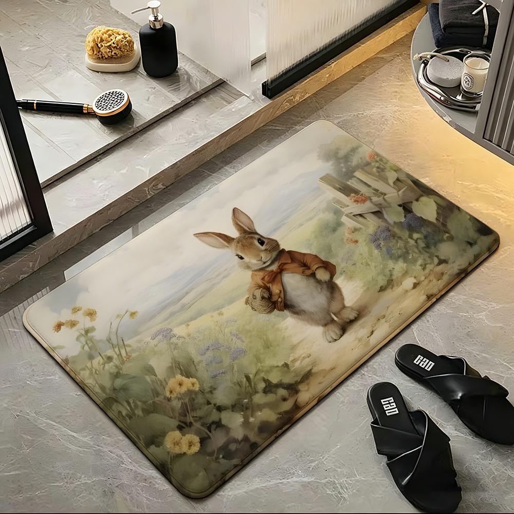Cartoon P-Peter R-Rabbit Floor Mat Soft Flannel Floor Mat Suitable for Entryways, Living Rooms, Bedrooms, and Bathrooms