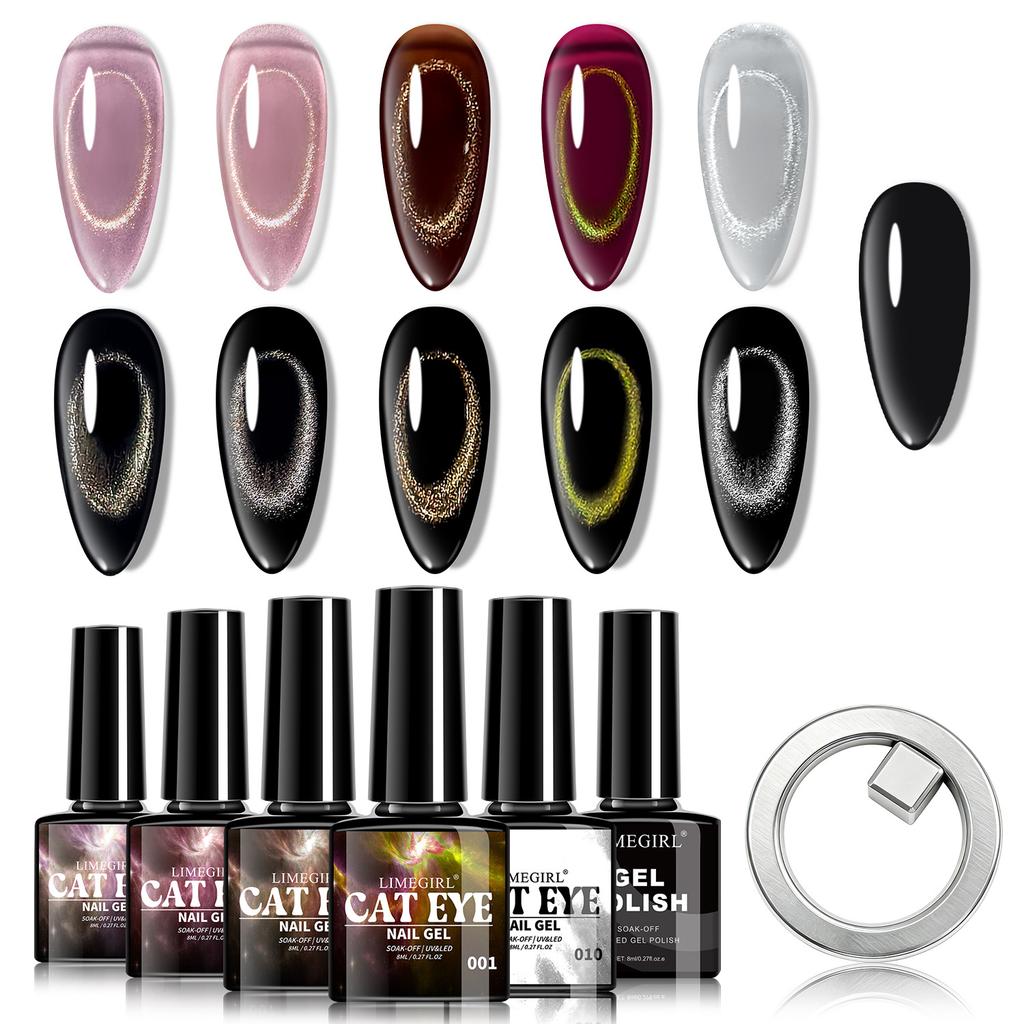 5+1 Cat Eye Gel Polish Kit Black Magnetic Nail Polish Ring Magnet Tool Set Long-Lasting Soak Off UV Gel