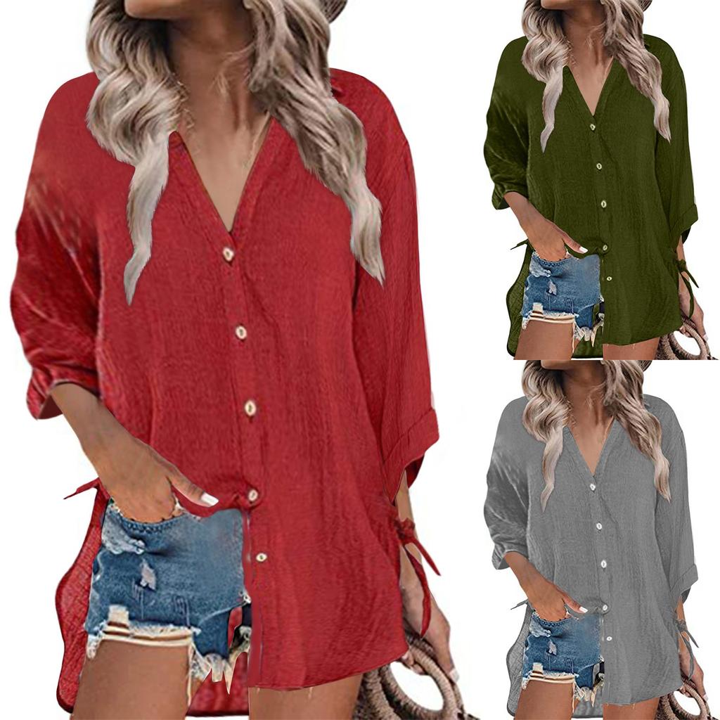 Женские хлопковые рубашки на пуговицах с рукавами 3/4, летние кардиганы с неровным краем и пуговицами
