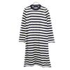 Border Pattern Long Sleeve Knit One Piece Navy X White Women Used