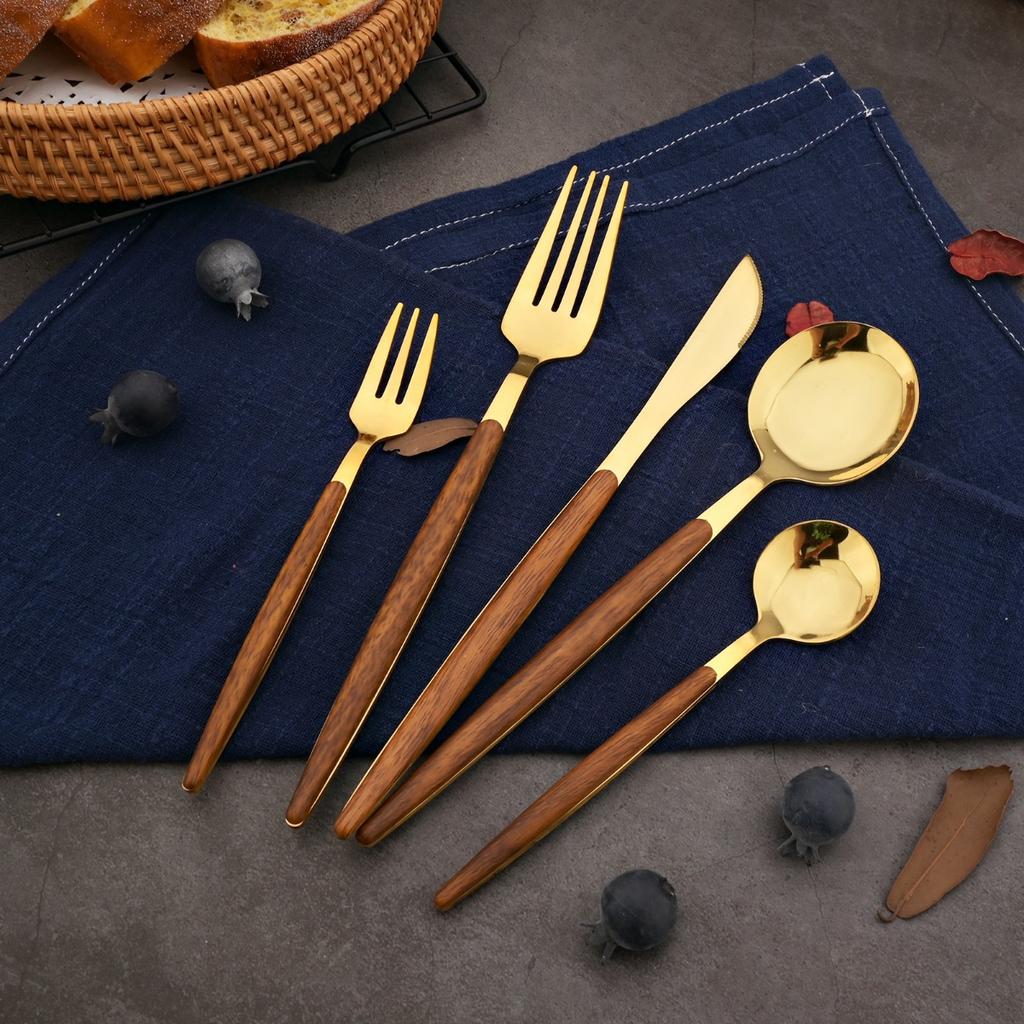 Набор столовых приборов из серебра премиум-класса из нержавеющей стали, 20 предметов, эргономичная деревянная ручка, зеркальная полировка, на 4 персоны