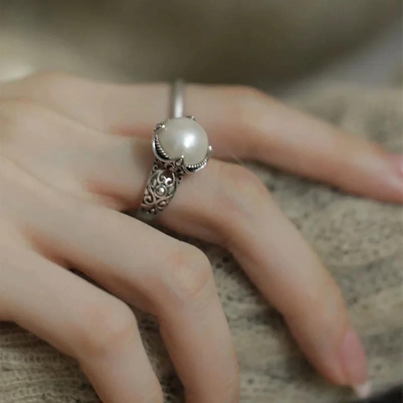 Серебряное Кольцо с Жемчугом и Полым Узором, Регулируемое, для Женщин, Модные Украшения, Минималистичные Аксессуары