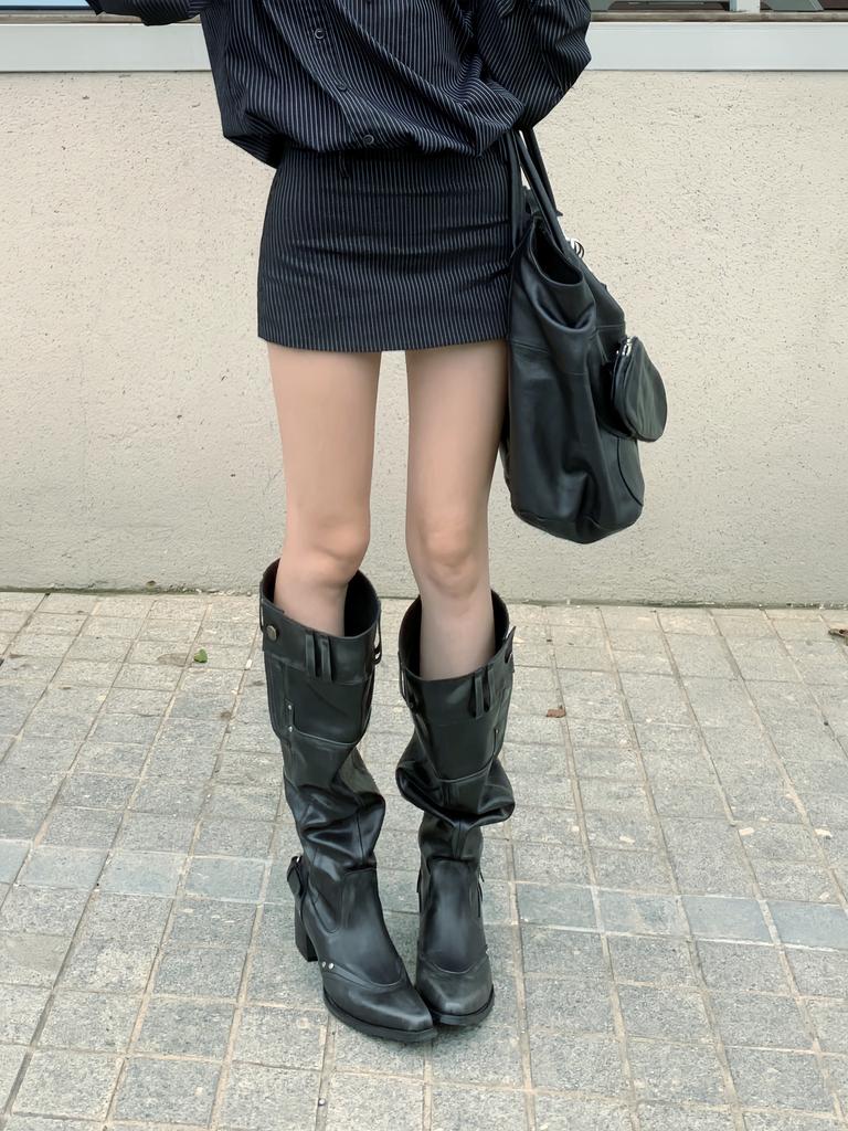 Niche Design Pointed Big Tube Circumference High Heel Stacking Boots Retro Western Cowboy Boots Women
