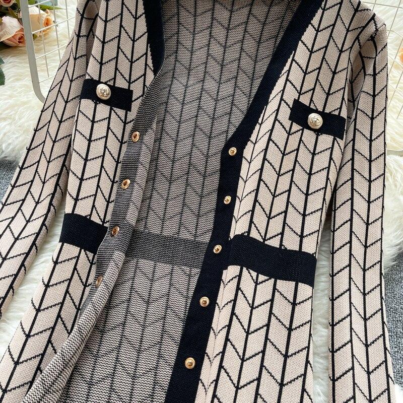 Long Sleeve Knit Sweater Dress Women Autumn Fashion Geometric Pattern Single Breasted Elegant Knitting Office Party Dresses