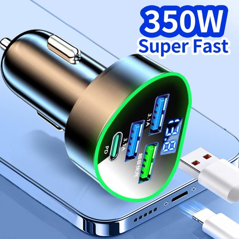 Автомобильное зарядное устройство 350 Вт USB Type C Сверхбыстрая зарядка в автомобиле со светодиодным монитором напряжения для iPhone Samsung Huawei Oneplus Vivo Oppo