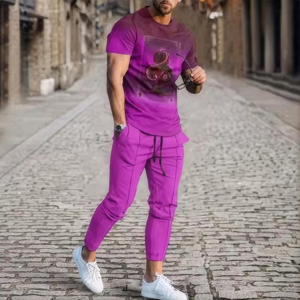2024 мужской летний костюм градиентный тренд футболка с короткими рукавами длинные брюки костюм-двойка 3D-принт ретро-стиль круглый вырез уличная одежда