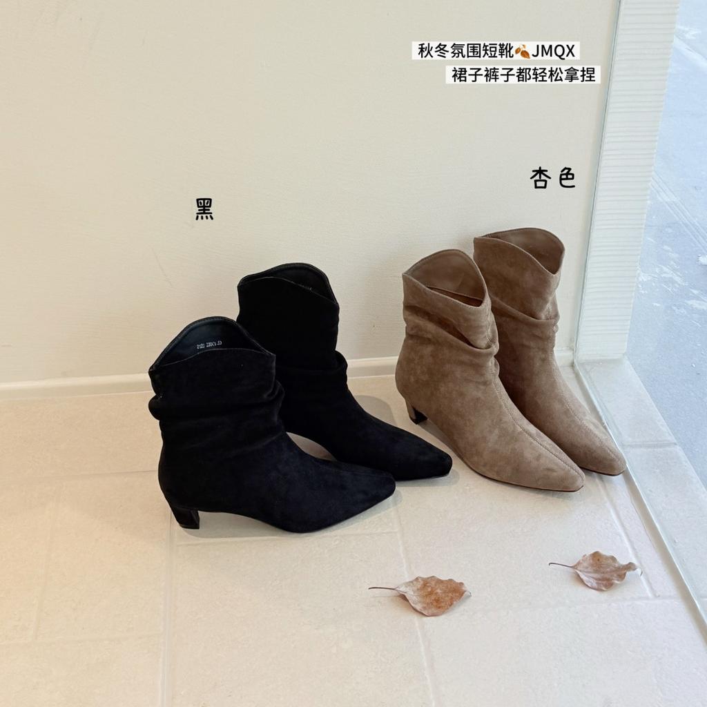 2025 осень новые ботильоны на наборном каблуке женские матовая кожа острый носок низкий каблук короткие ботинки женские ботильоны в западном ковбойском стиле