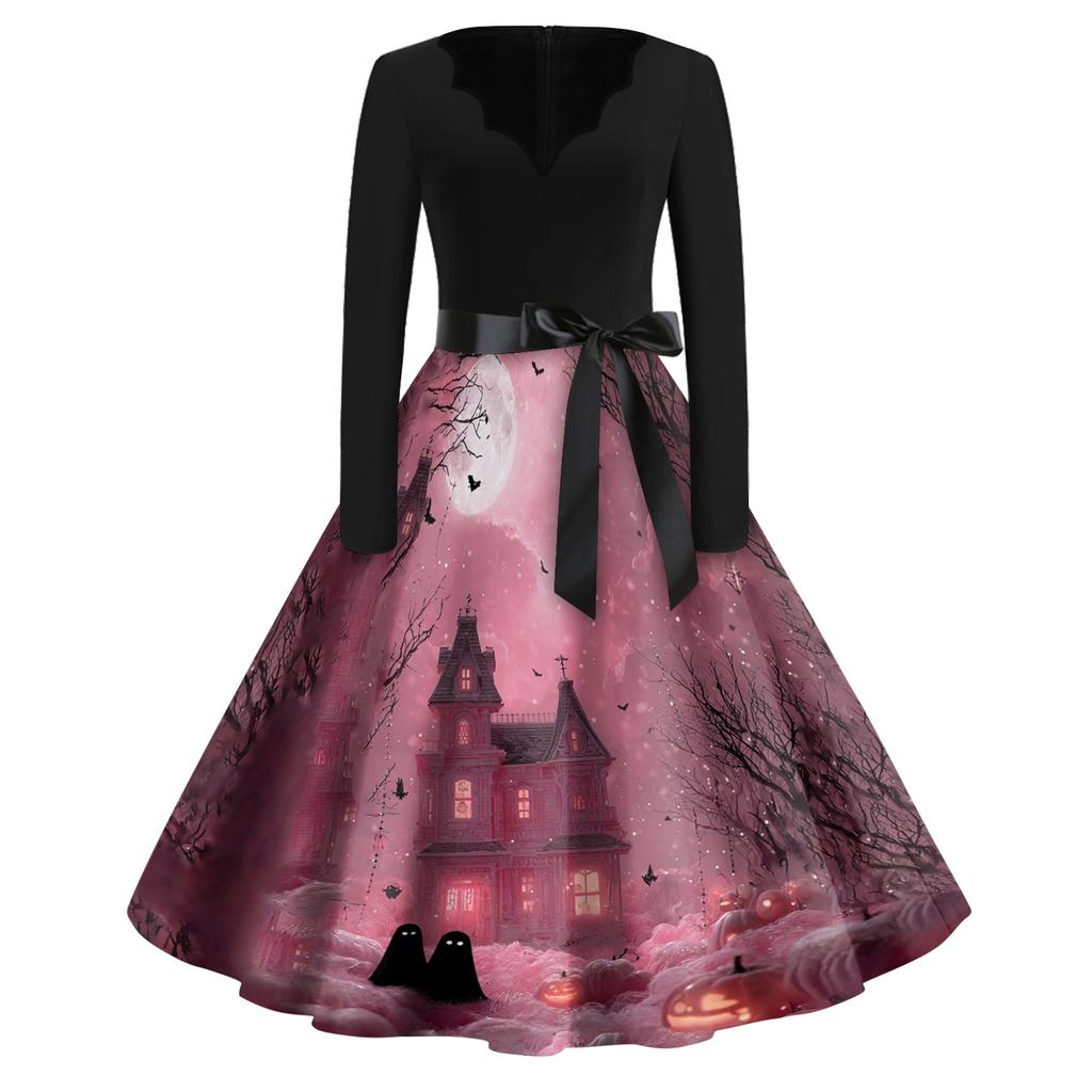 Women's Vintage Halloween Print V Neck Dress Long Sleeve Retro Fit and Flare Dress with Waist Tie Belt Casual Party Dress