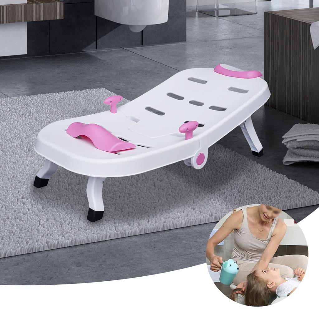 Foldable Kids Shampoo Chair Anti-Slip Bath Chair for Hair Washing, Pink Baby Shampoo Sink Chair with Headrest, Ages 0-10