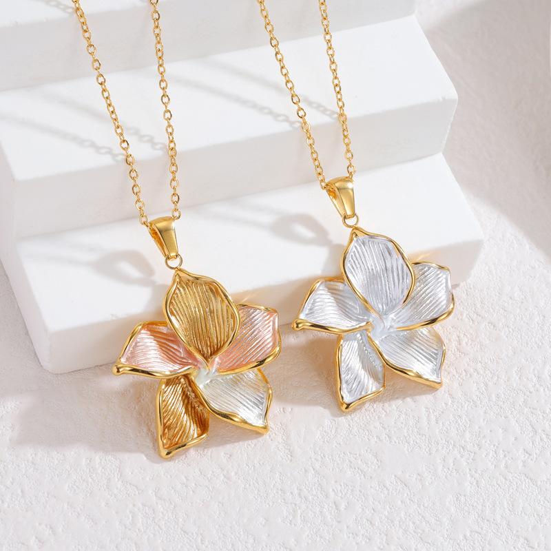 DIEYURO 316L Stainless Steel Pink Golden Striped 3D Irregular Flower Pendant Necklace Lady Classic Waterproof Neck Chain Jewelry
