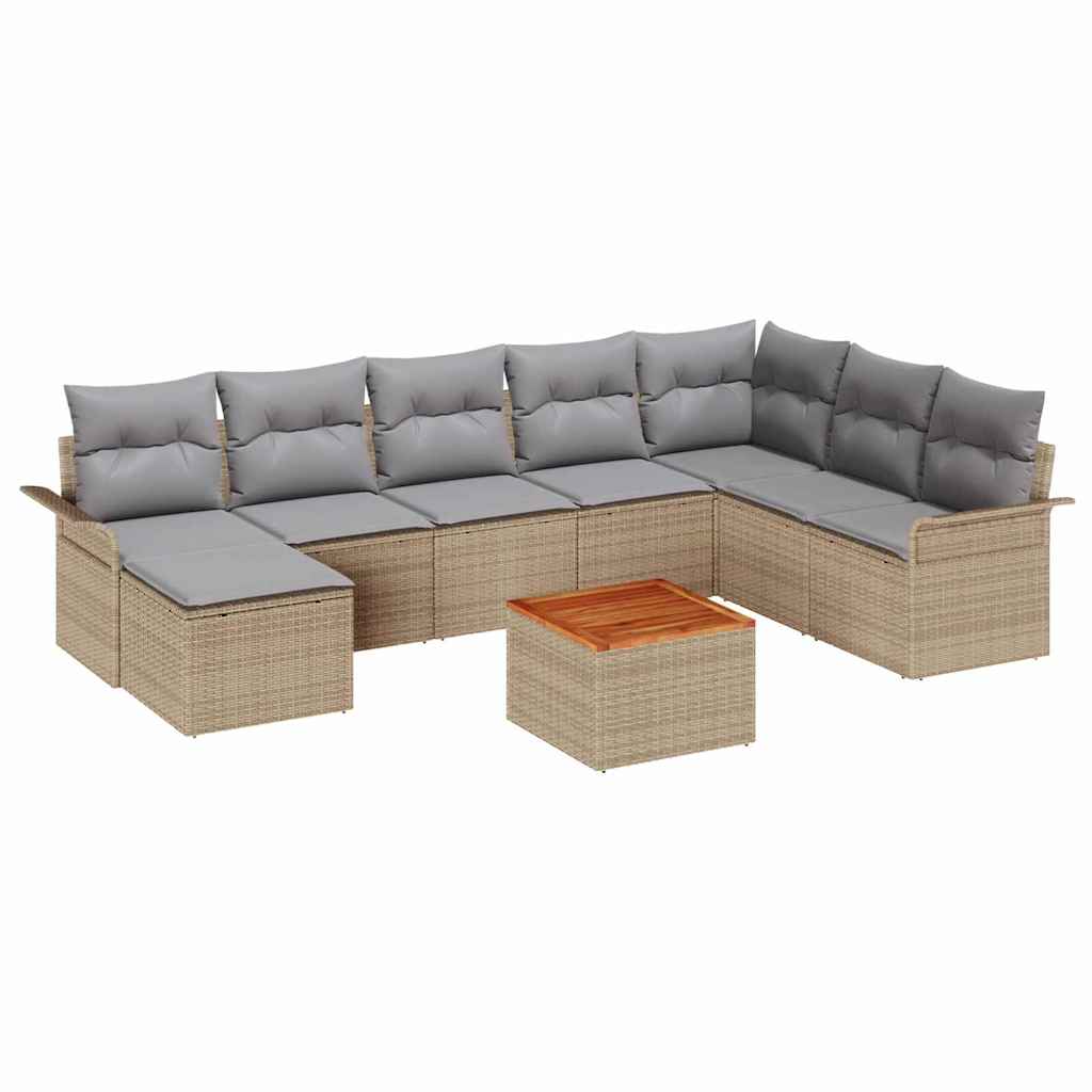 9 piece beige poly rattan garden sofa set with cushions