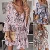Womens Boho Floral Mini Swing Dress Summer Holiday Beach Ruffle Frill Sundress