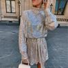 Women Sequined Lace Up Dress O-neck Long Sleeve Short Dress Solid Color