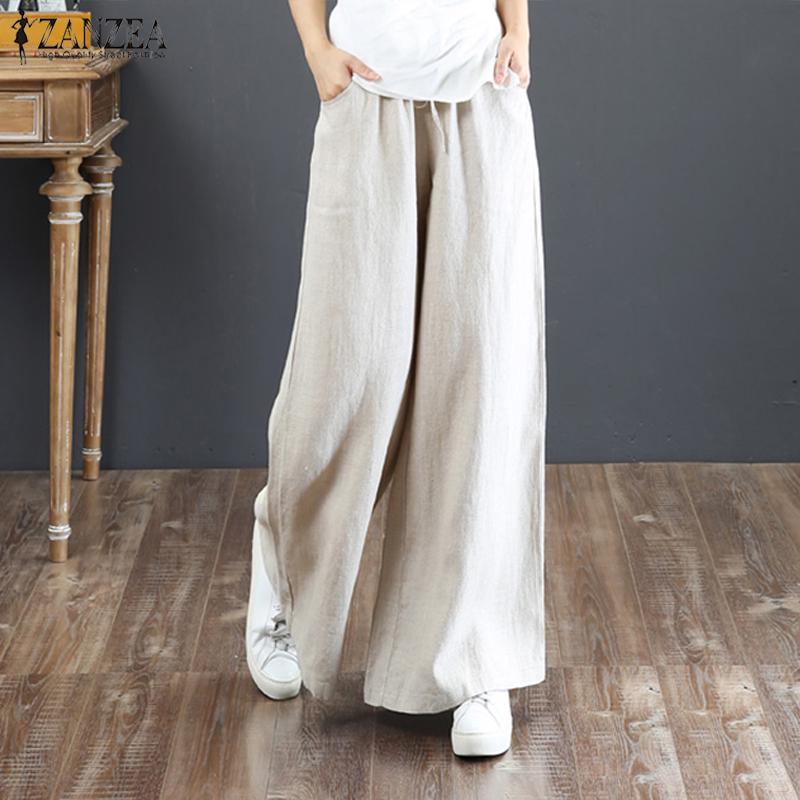 ZANZEA Vintage Women Elastic Waist Business Casual Wide Leg Trousers Culottes Flare Long Pants