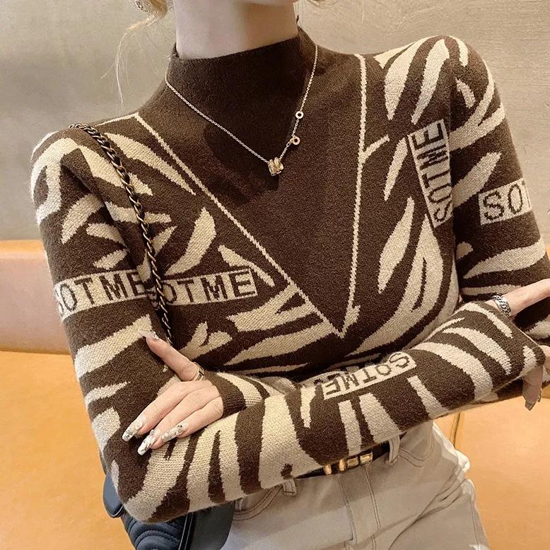 Women's Pullover Slim Checkered Sweater Autumn and Winter Piled Collar Patchwork Printing Fashion Casual Long Sleeve Tops