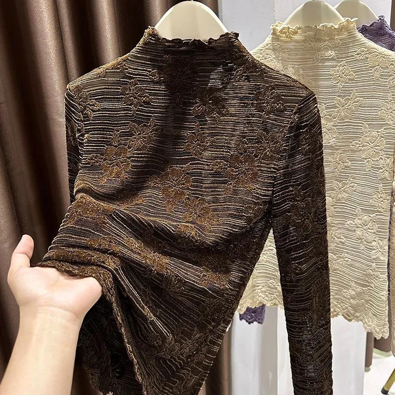 Пуловеры Топы Женские Длинные Рукава Осень Зима Блузка с Подкладкой Оверсайз Полувысокий Воротник Свободная Рубашка с Длинным Рукавом Приталенные Пуловеры Топы