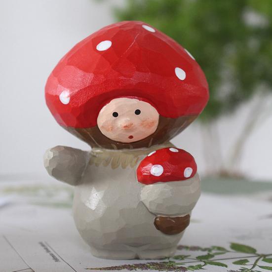Wooden Mushroom Figurine Hand-Carved Mushroom Elf Holding A Balloon Rustic Tabletop Mushroom Decoration for Home Office Desk Shelf