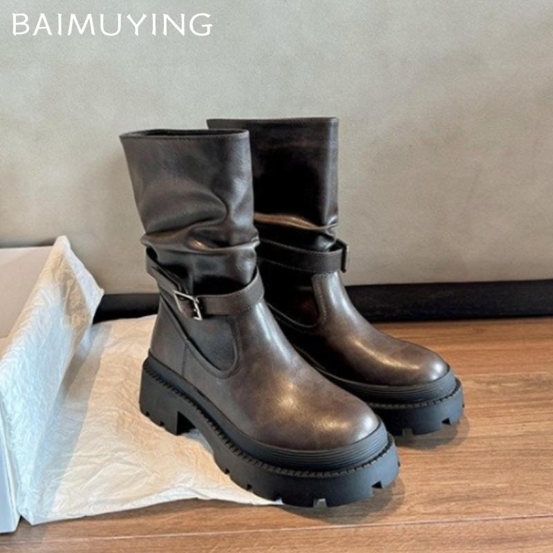 Платформа Женские Массивные Ботильоны Мода Средний Каблук Кожаная Обувь Новый Бренд 2025 Тренд Зима Готика Мотоциклетные Боты Женские
